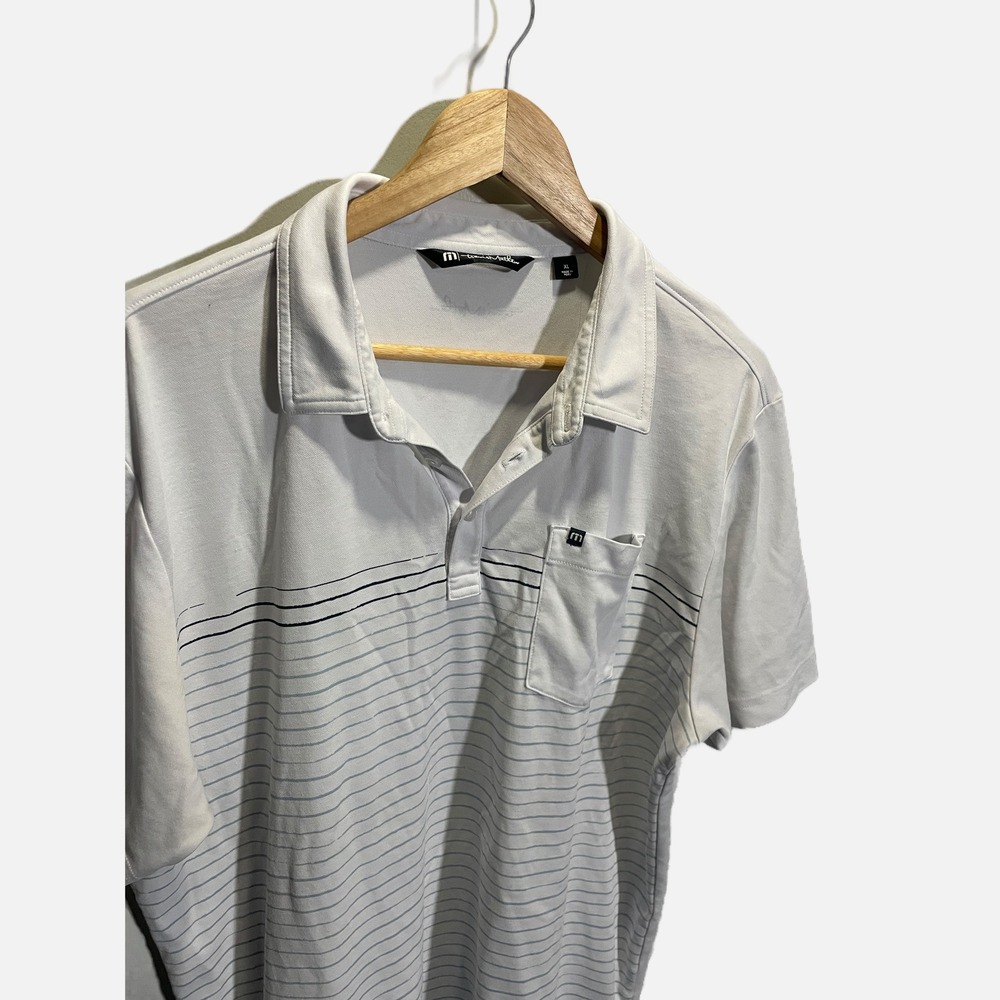TravisMathew‎ Polo Shirt Mens XL White Excellent Striped Golf Pocket